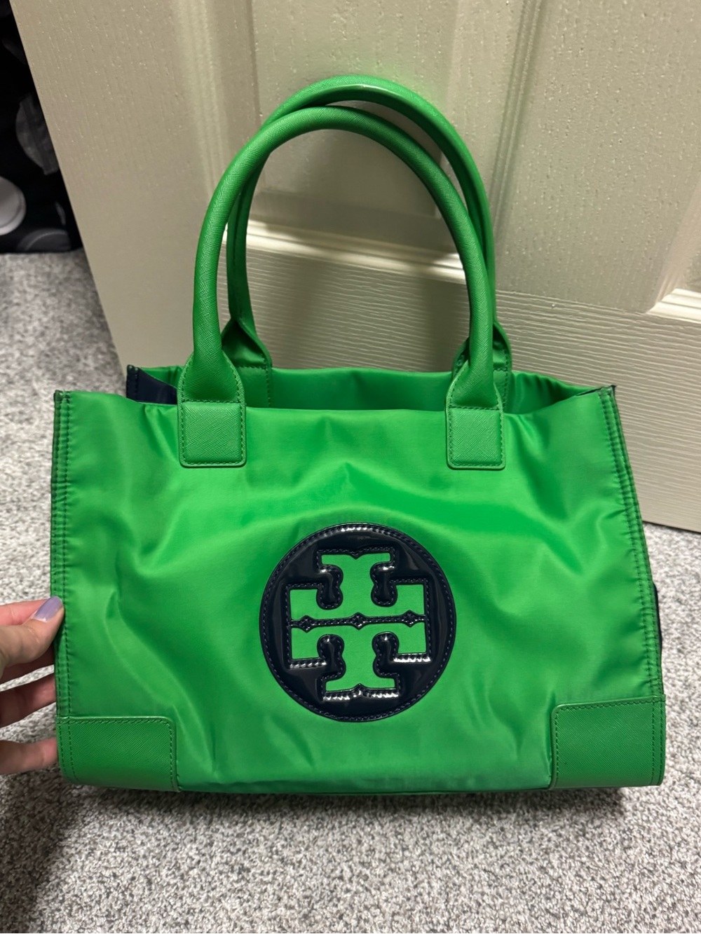 Tory Burch Bright Green Tote with Navy Logo